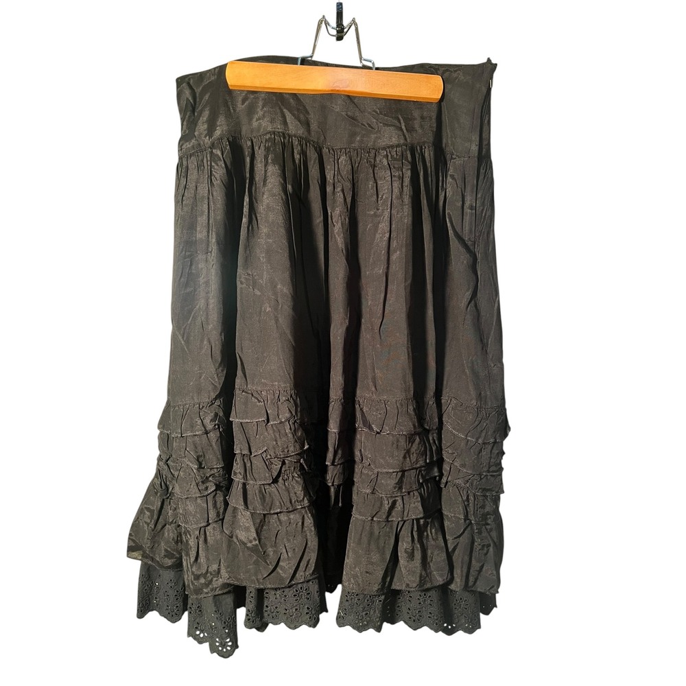 H&M Women's Size 6 Midi A-Line Skirt Black Tiered Ruffle Crochet Eyelet Lace Zip